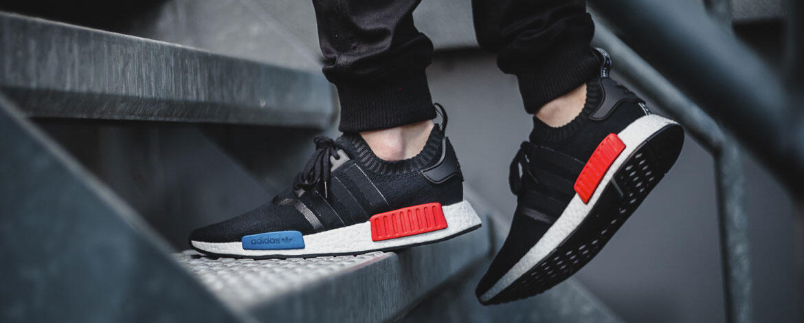 Adidas originals nmd r1 trainers in black with red heel block Clearance