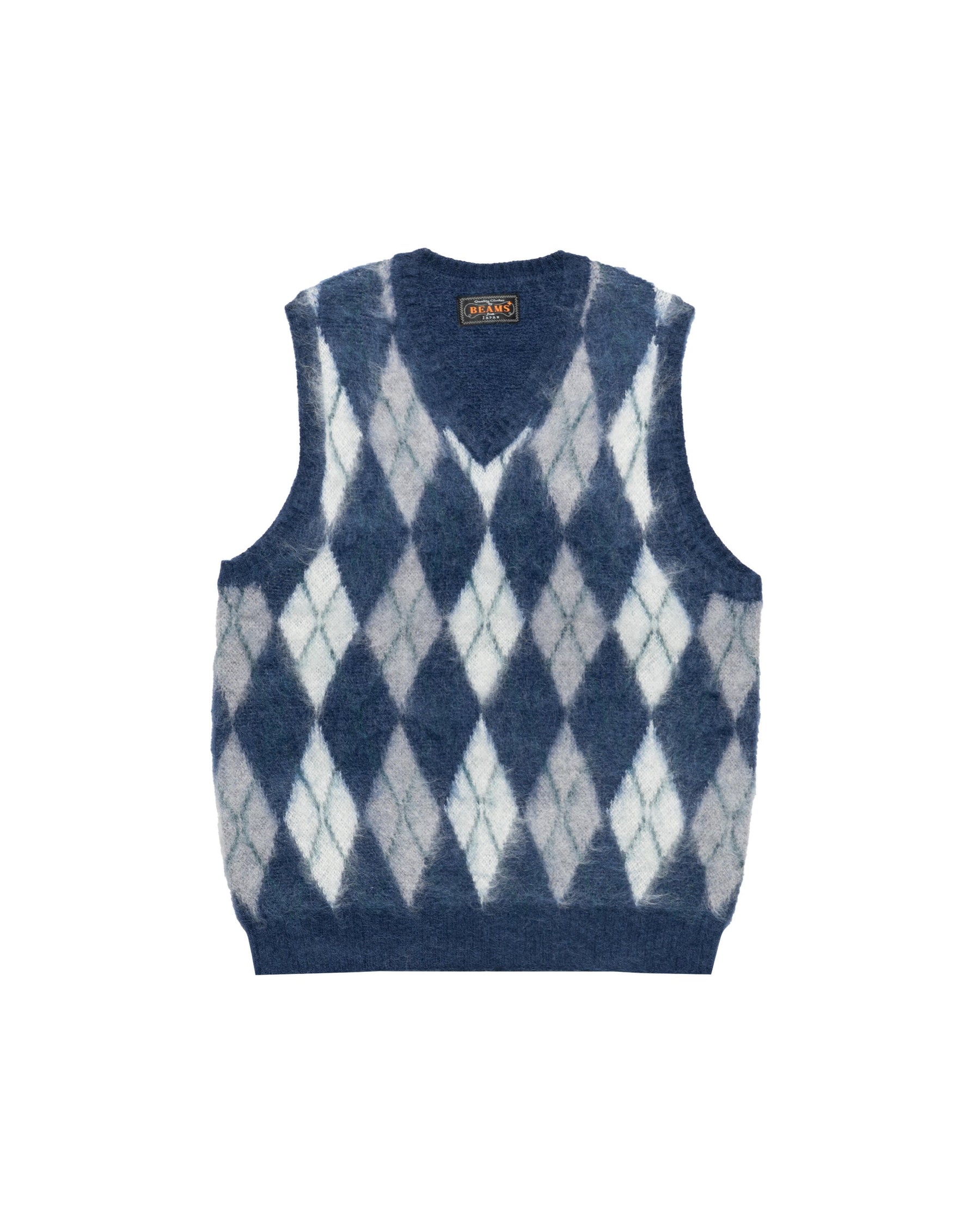 Beams+ Knit Vest Double Jacquard Argyle Pattern Mohair
